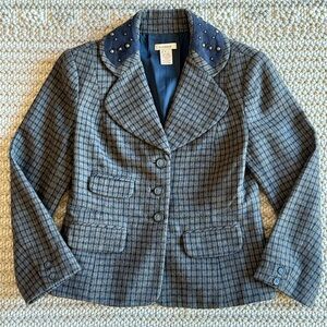 Sundance Plaid Riding Jacket Wool Blend Suede Studded Collar Brown Blue Size 4